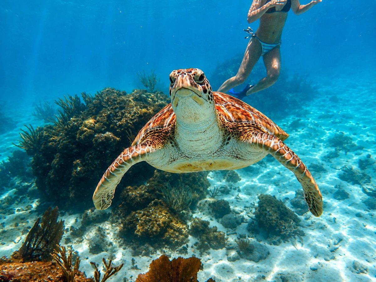 Green sea turtle gliding over the coral reef with a Cayman Adventure Tours snorkeler swimming above in Grand Cayman